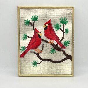 Framed VTG Needlepoint Cardinals Wall Art Gold Frame Mid Century Boho Christmas